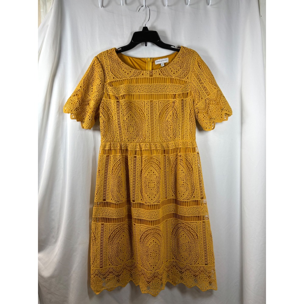 Piper & Scoot Mustard Yellow Lace Midi Dress Short Sleeve Floral Scalloped L